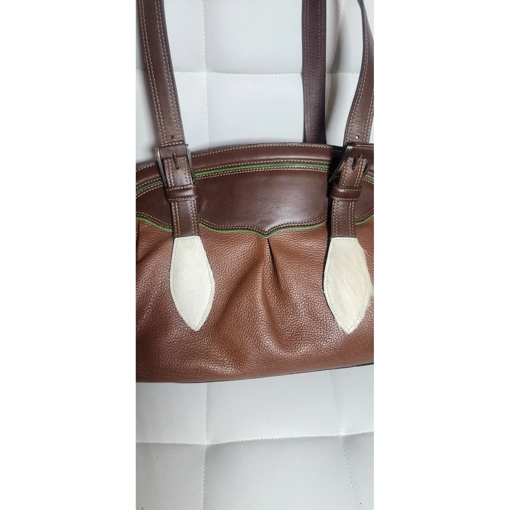 M&H Brown Leather Western‎ Shoulder Bag Cowhide Accents Green Piping Satchel